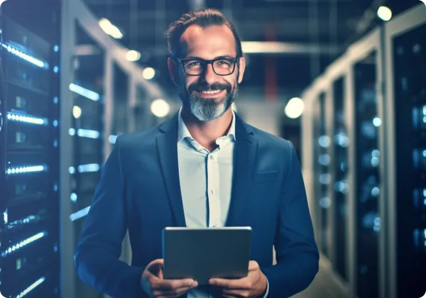 Profissional sorrindo com tablet em uma sala de servidores