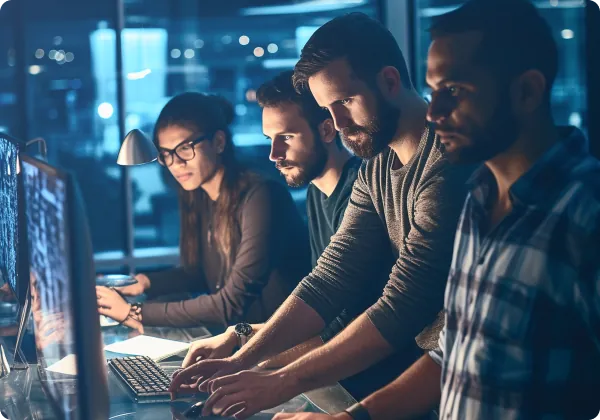 Equipe de TI trabalhando junto em computadores