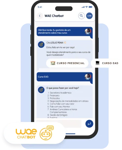 Tela do WAE Chatbot no celular com menu de atendimento ao aluno