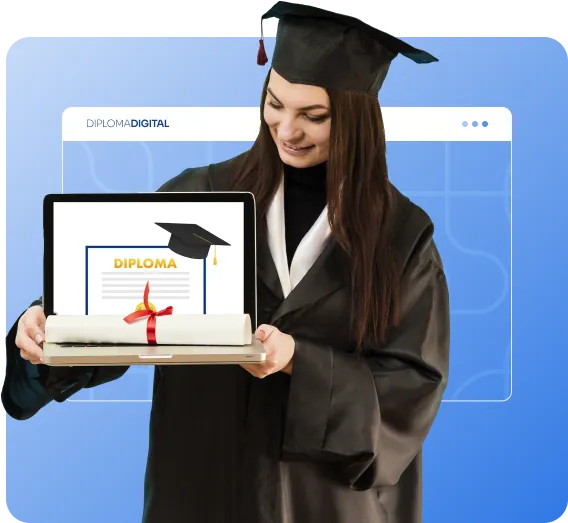 Formanda segurando notebook com diploma digital na tela