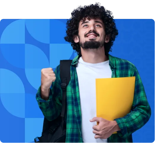 Estudante comemorando com pasta amarela e mochila