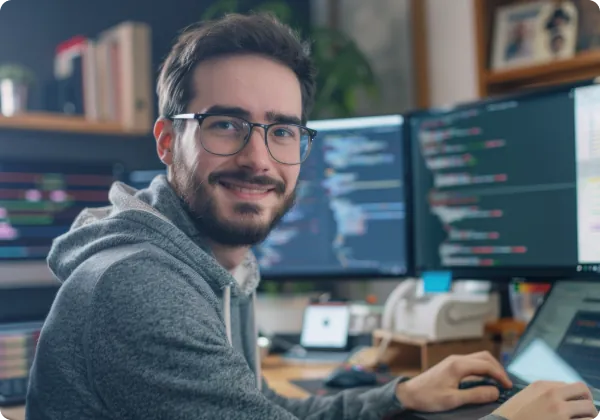 Desenvolvedor sorrindo em frente a monitores com código