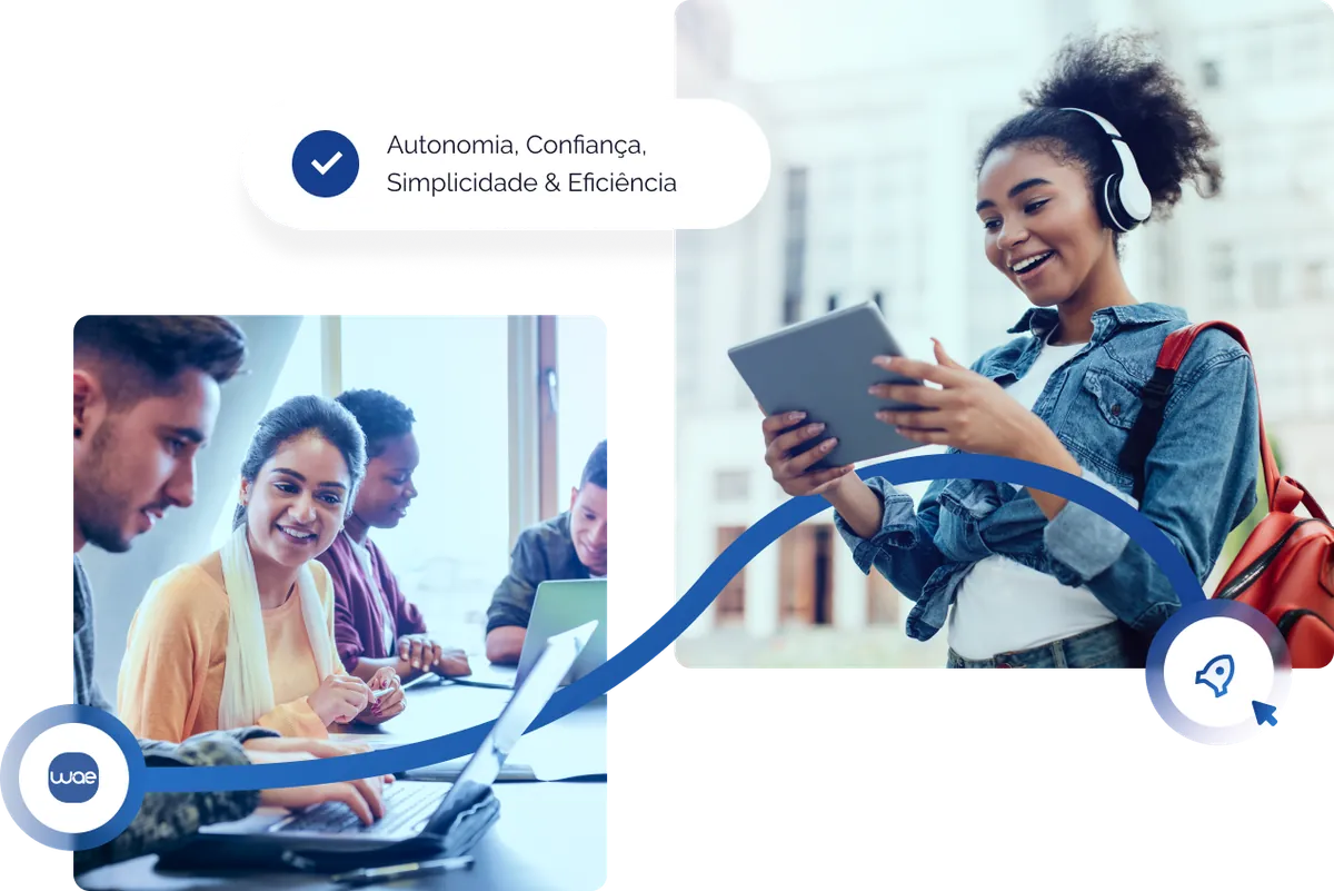 Estudantes usando notebook e tablet, com o destaque Autonomia, Confiança, Simplicidade & Eficiência